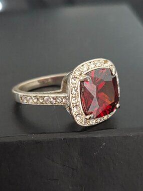 Silver Simulated Ruby Halo Ring Size 6 Red Statement Ring Missing Stone